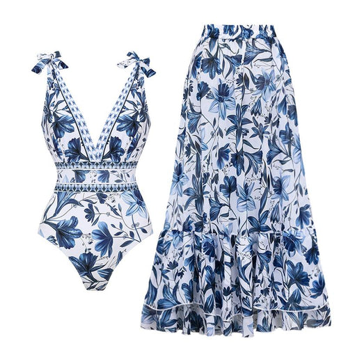 FLAXMAKER Women's V Neck Blue Print One-Piece Swimsuit and Matching Cover Skirt Set Summer Swimdress Swimming White