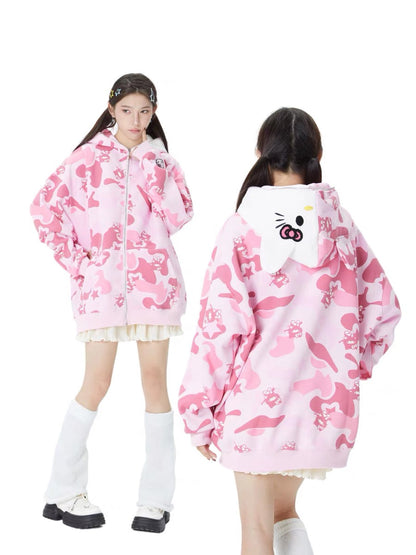 Hellokitty Camouflage Hoodies Fall Jacket Oversized Sweatshirts Casual Drawstring Zip Up Y2K Hoodie with Pocket