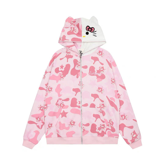 Hellokitty Camouflage Hoodies Fall Jacket Oversized Sweatshirts Casual Drawstring Zip Up Y2K Hoodie with Pocket