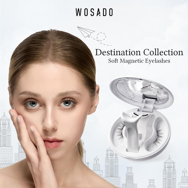 Wosado Soft Magnetic Eyelashes All-in-One Box, Destination Collection, Reusable, Glue-Free, Waterproof, Lightweight, Natural Style, Makeup Cosmetic