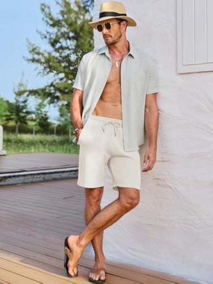 Men's Texture Shorts with 3 Pockets 2025 Summer Casual Loose Shorts Elastic Waist